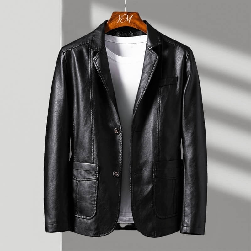 Men's Slim Fit Faux Leather Blazer — Tailored Suit Jacket