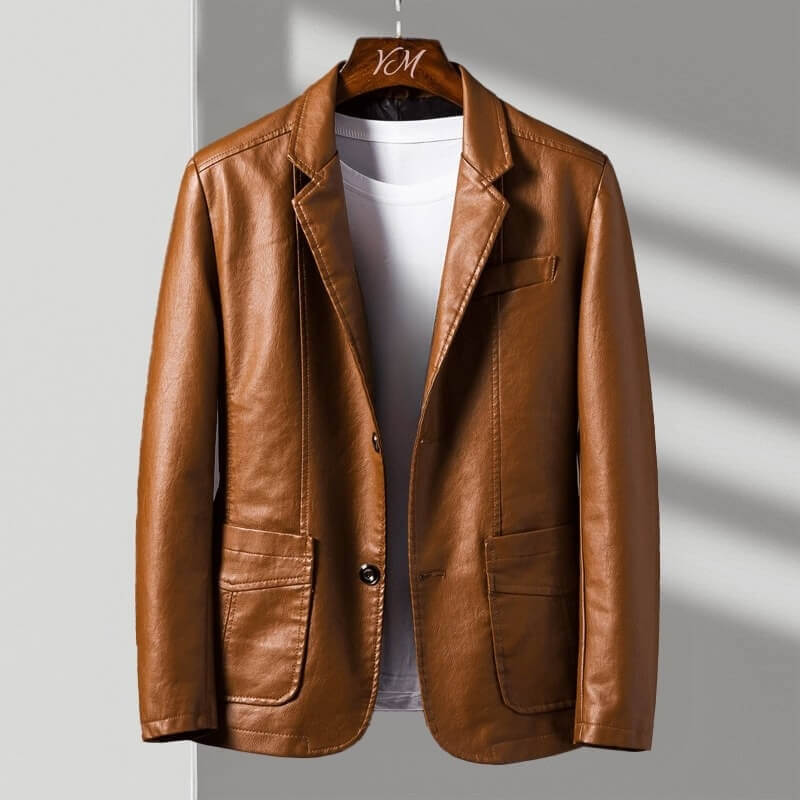 Men's Slim Fit Faux Leather Blazer — Tailored Suit Jacket