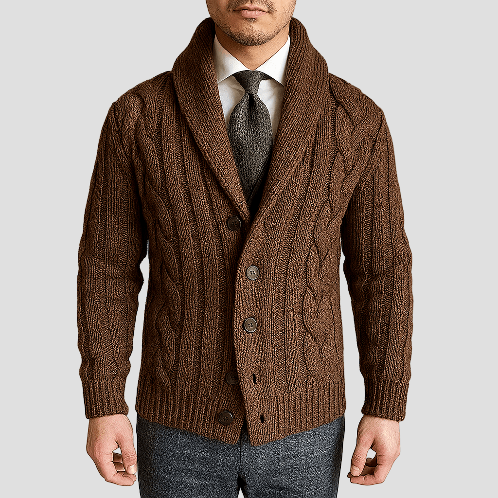 Men's Cable Knit Shawl Collar Cardigan — Relaxed Fit