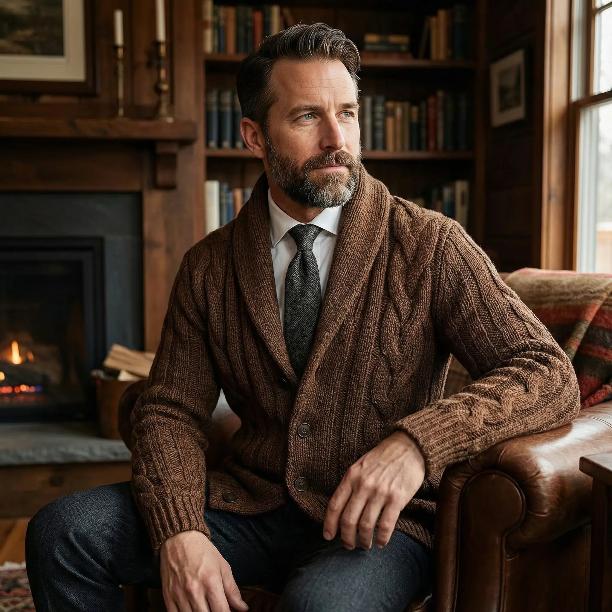 Men's Cable Knit Shawl Collar Cardigan — Relaxed Fit