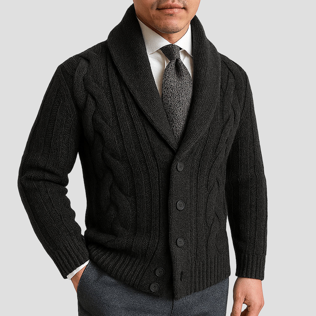 Men's Cable Knit Shawl Collar Cardigan — Relaxed Fit
