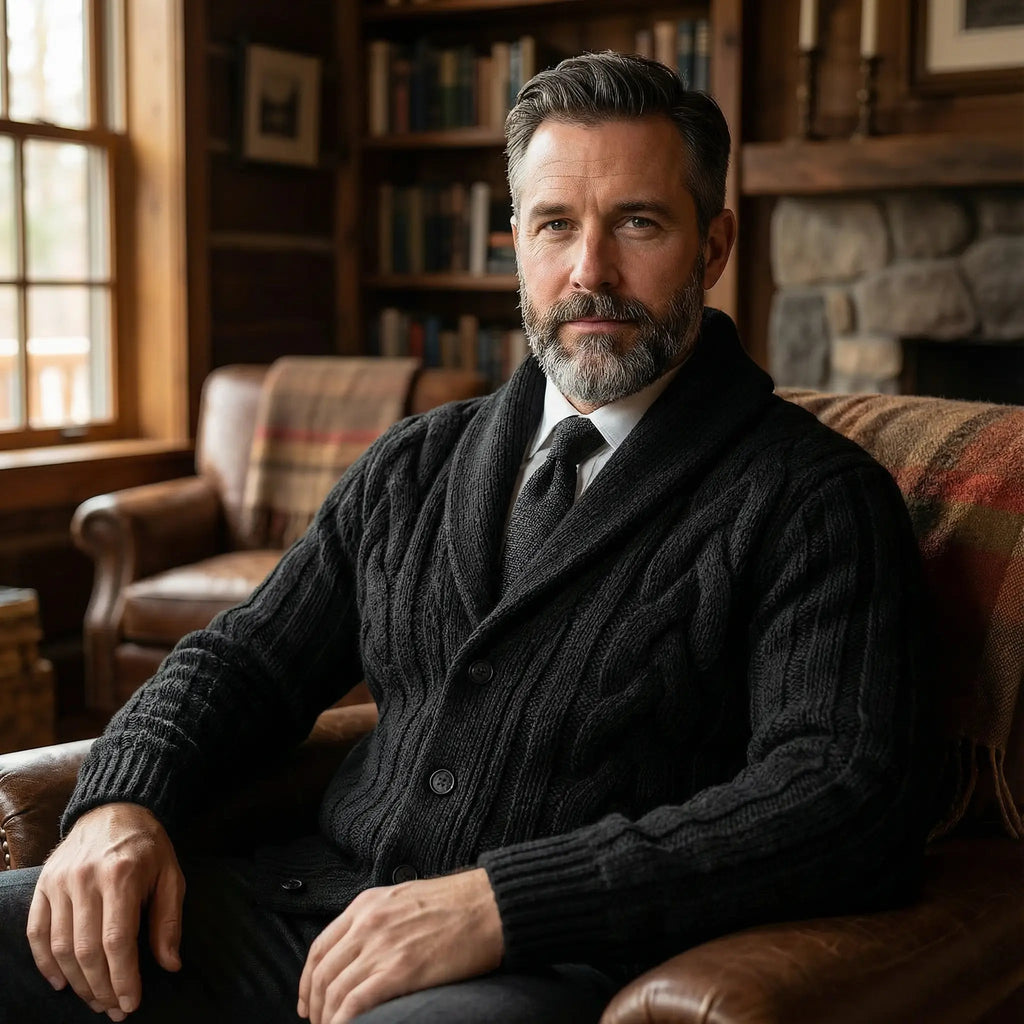 Men's Cable Knit Shawl Collar Cardigan — Relaxed Fit
