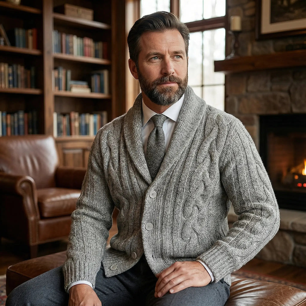 Men's Cable Knit Shawl Collar Cardigan — Relaxed Fit