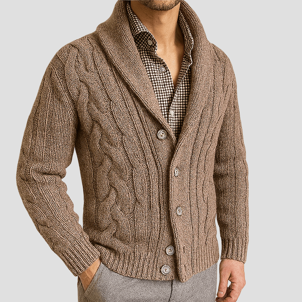 Men's Cable Knit Shawl Collar Cardigan — Relaxed Fit