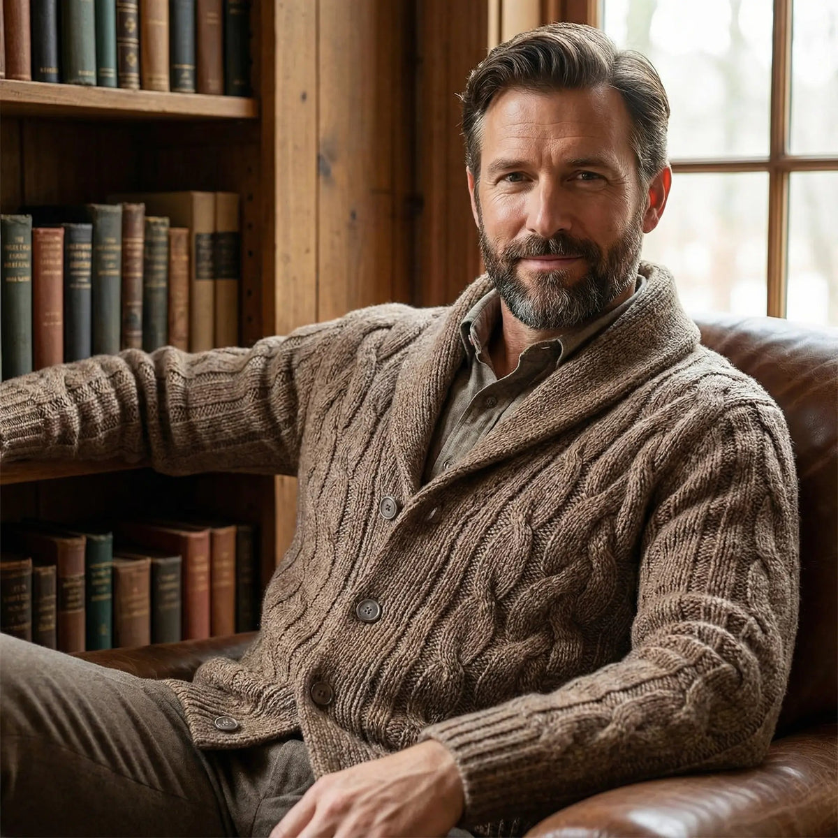 Men's Cable Knit Shawl Collar Cardigan — Relaxed Fit