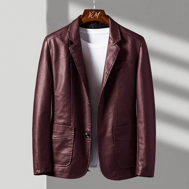 Men's Slim Fit Faux Leather Blazer — Tailored Suit Jacket