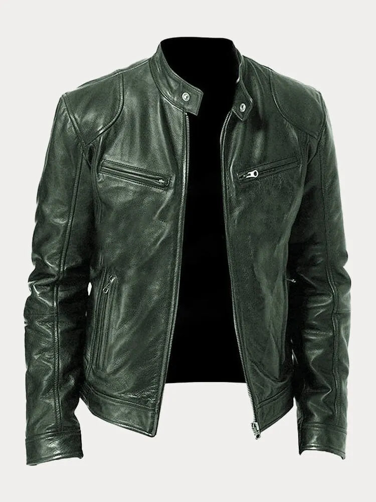 Men's Genuine Leather Cafe Racer Jacket — Zip-Up