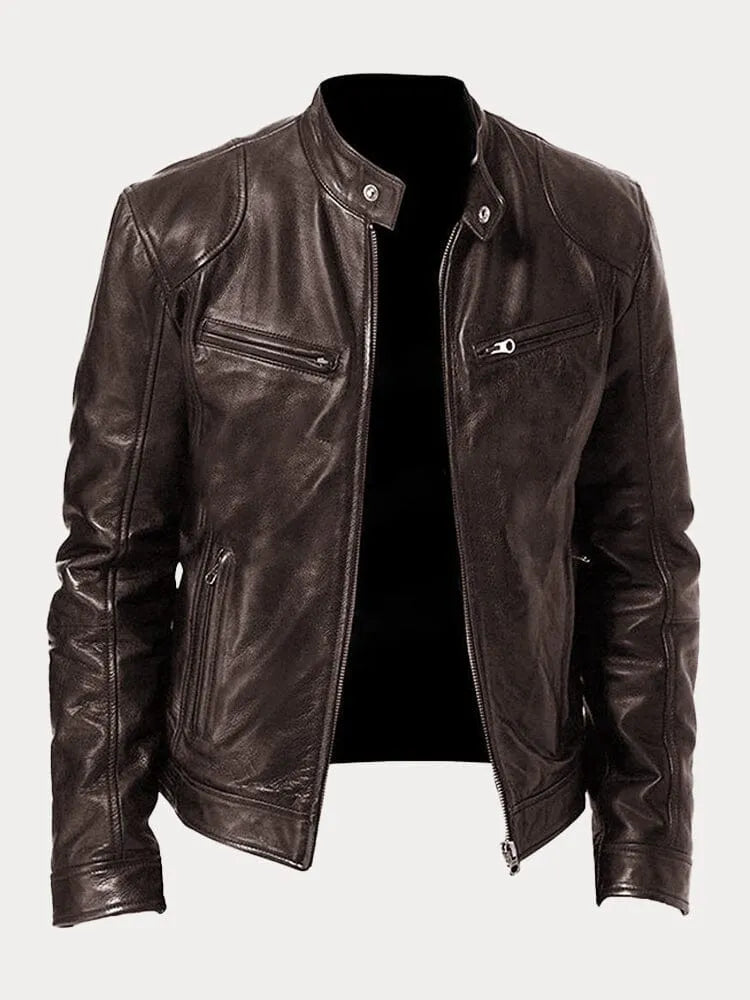 Men's Genuine Leather Cafe Racer Jacket — Zip-Up