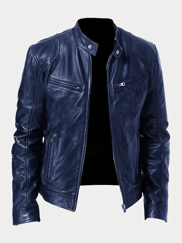 Men's Genuine Leather Cafe Racer Jacket — Zip-Up