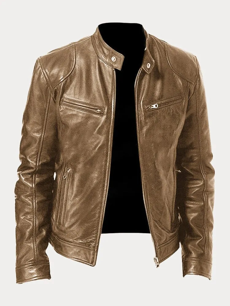 Men's Genuine Leather Cafe Racer Jacket — Zip-Up