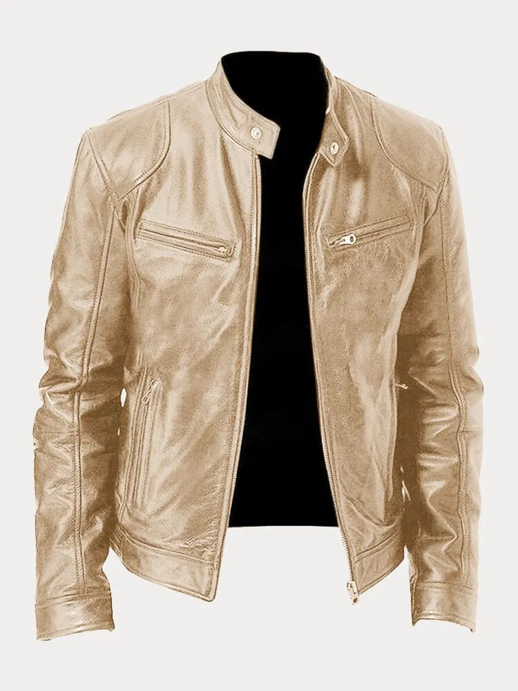 Men's Genuine Leather Cafe Racer Jacket — Zip-Up