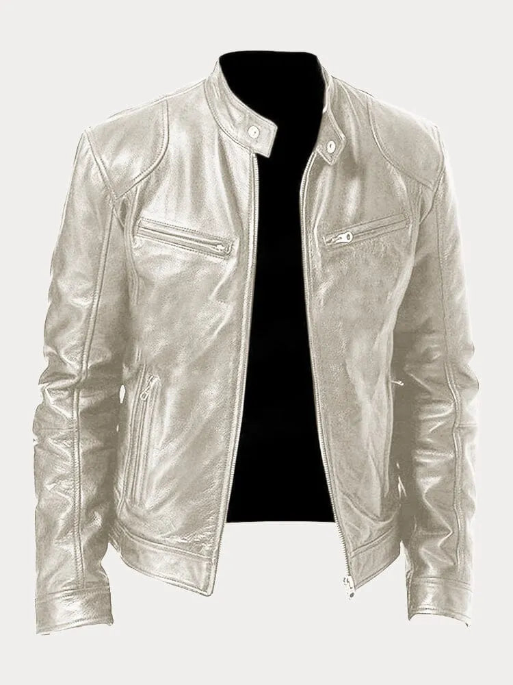 Men's Genuine Leather Cafe Racer Jacket — Zip-Up