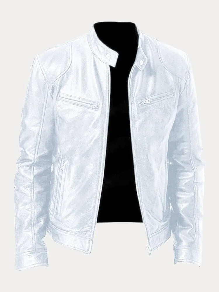 Men's Genuine Leather Cafe Racer Jacket — Zip-Up