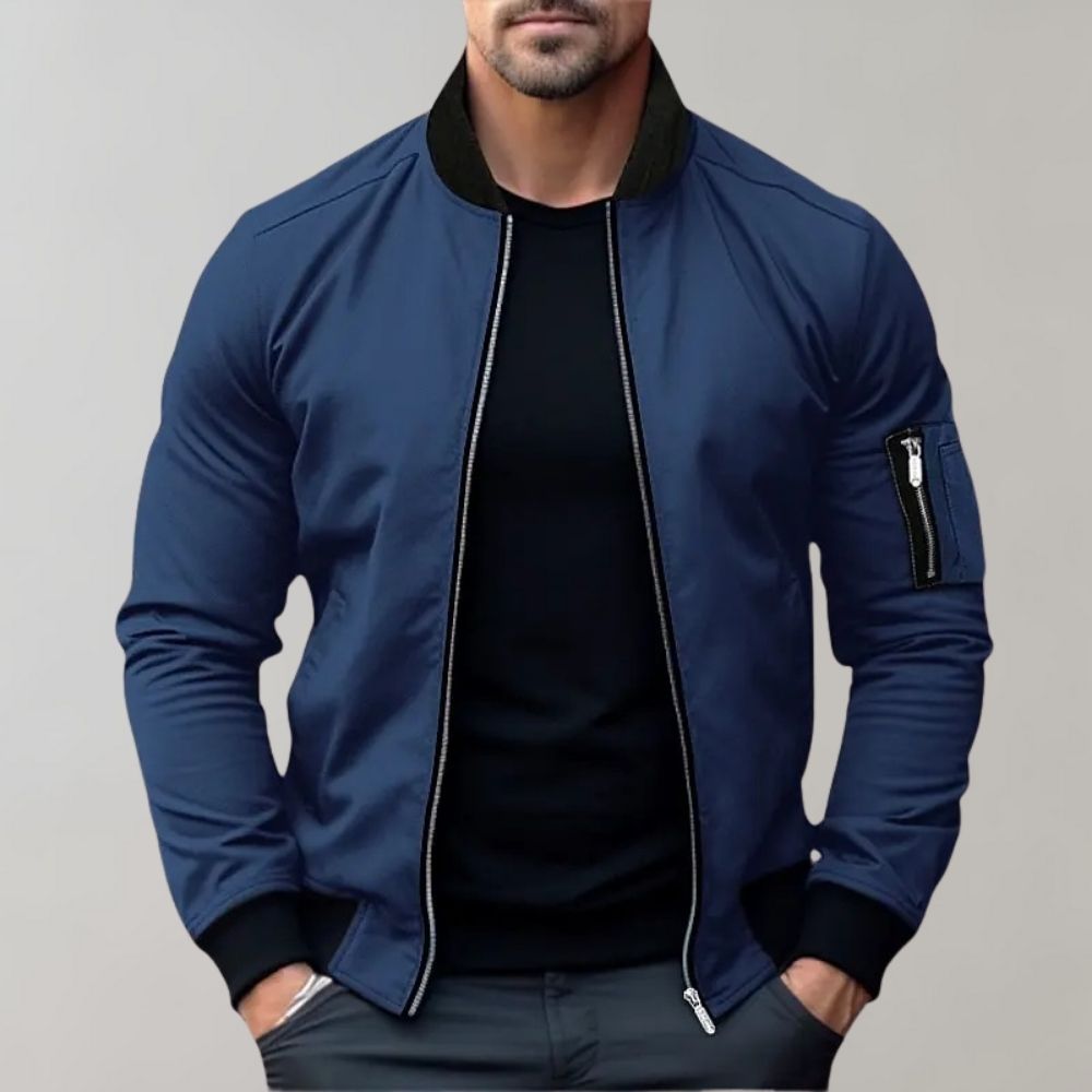 Men's Ribbed Collar Zip-Up Bomber Jacket — Slim Fit