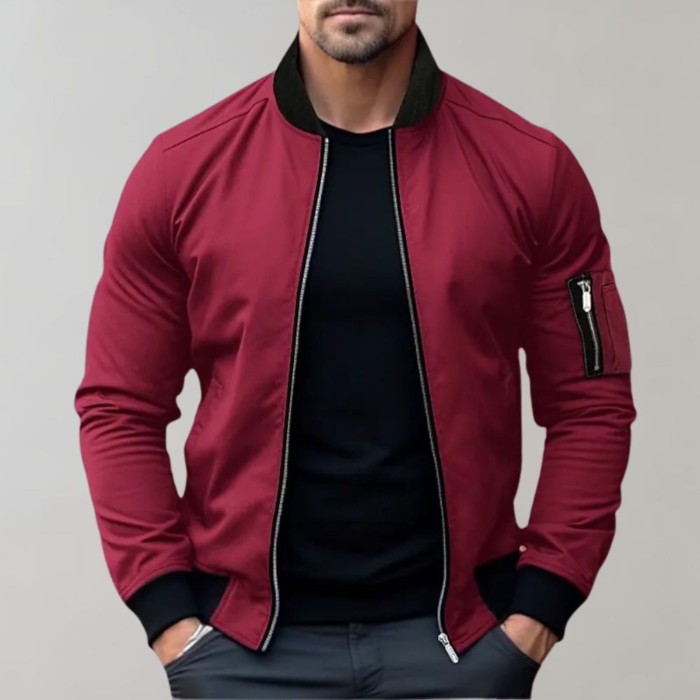 Men's Ribbed Collar Zip-Up Bomber Jacket — Slim Fit