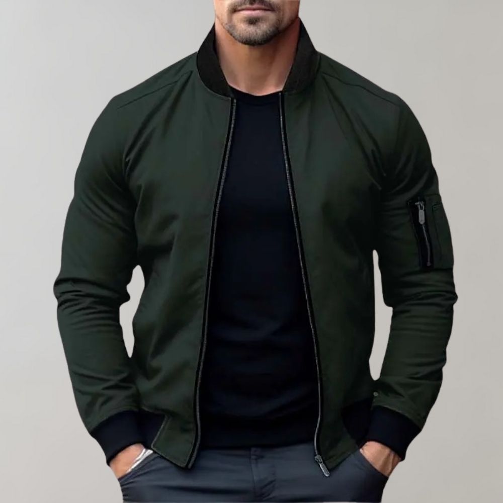 Men's Ribbed Collar Zip-Up Bomber Jacket — Slim Fit