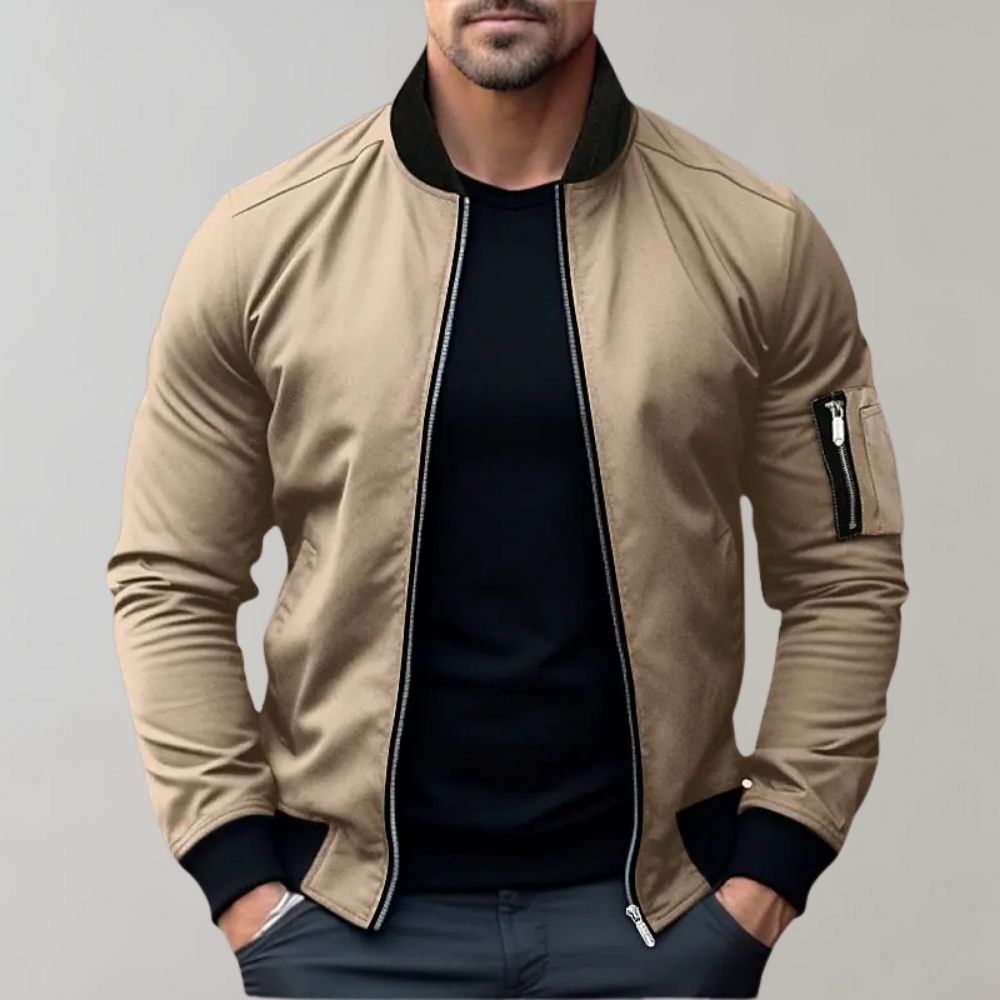 Men's Ribbed Collar Zip-Up Bomber Jacket — Slim Fit