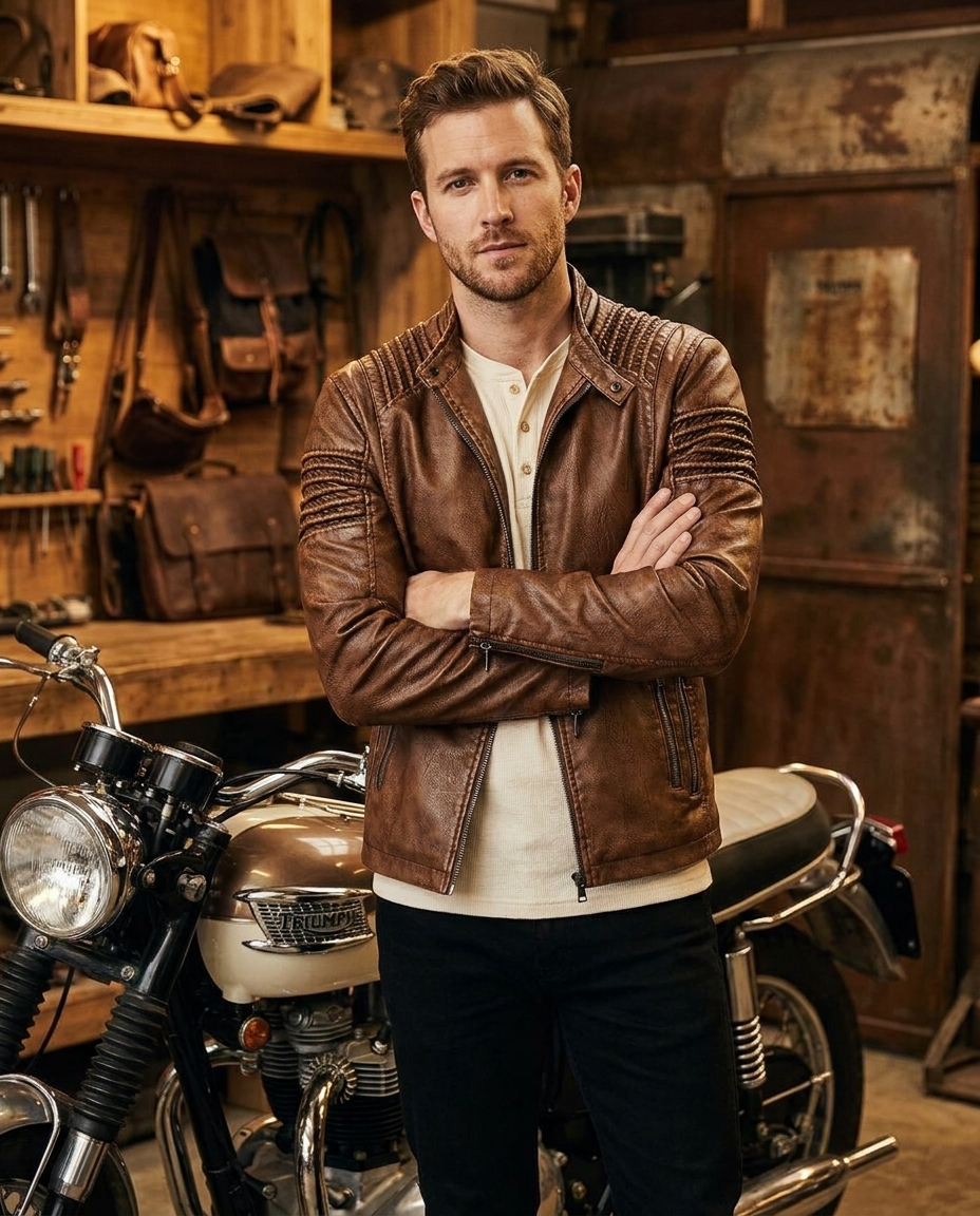 Man wearing the Edward structured shoulder biker jacket