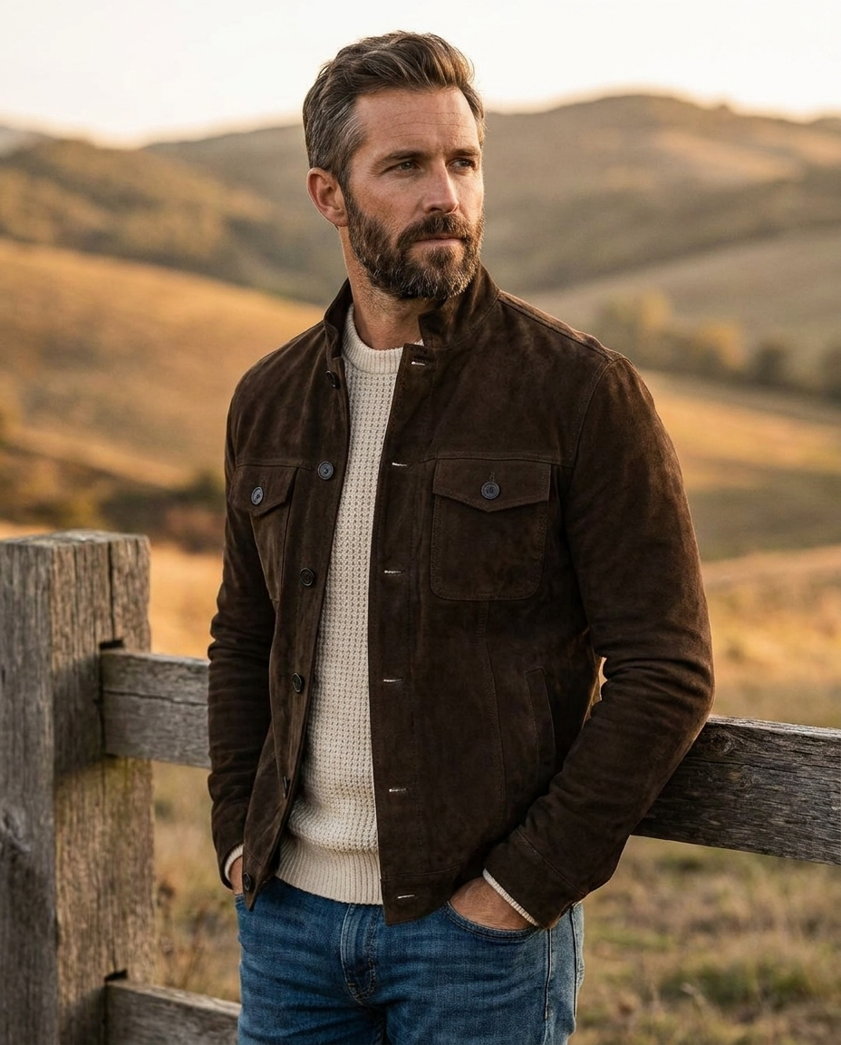 Man wearing the Thomas suede field jacket