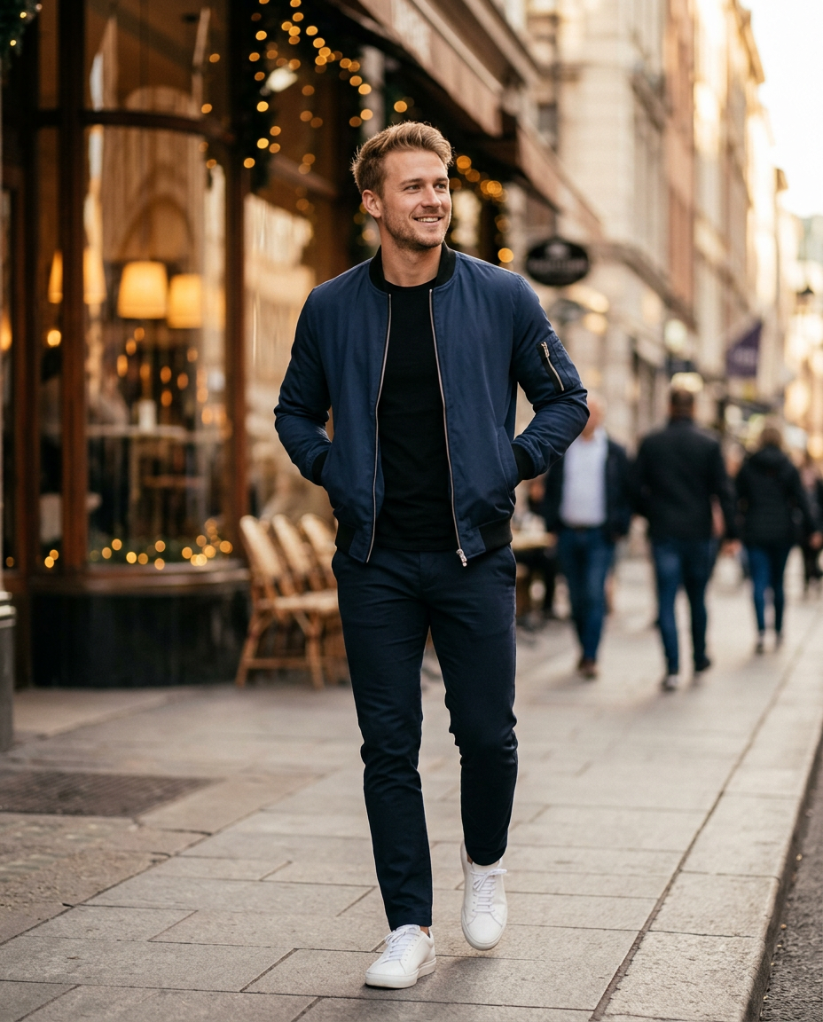 Man wearing the Benjamin ribbed collar zip-up bomber jacket