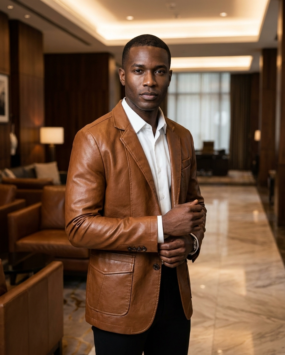 Man wearing the Oliver faux leather blazer