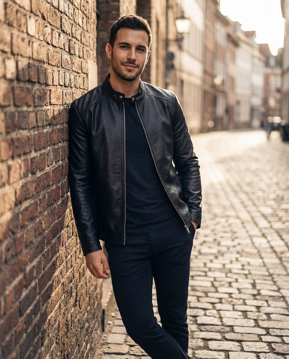 Man wearing the Noah slim fit faux leather moto jacket