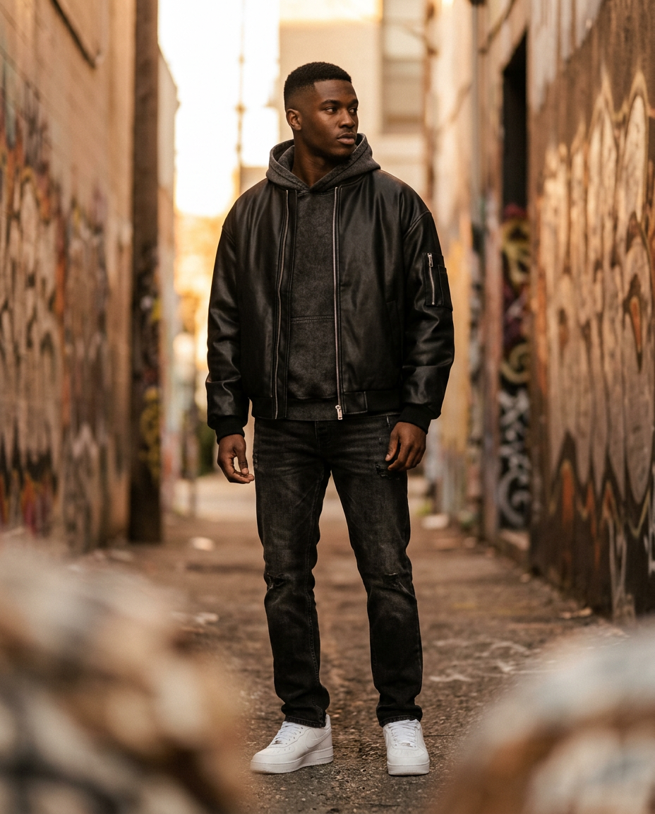 Man wearing the Leo oversized zip-up bomber jacket