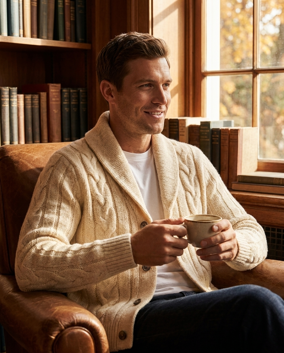 Man wearing the Fenwick cable knit shawl collar cardigan