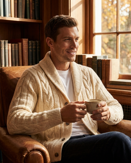 Man wearing the Fenwick cable knit shawl collar cardigan
