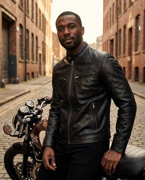 Man wearing the William genuine leather cafe racer jacket