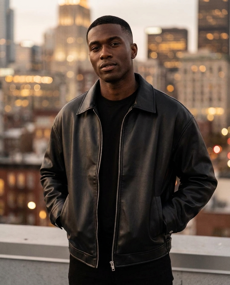 Man wearing the Martin oversized leather bomber jacket