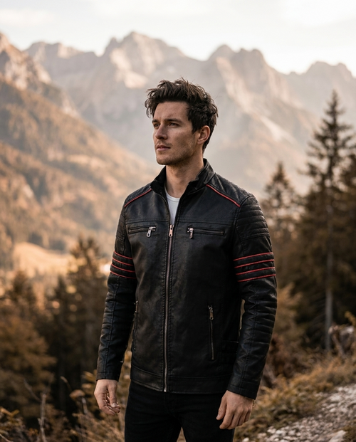 Man wearing the James fleece-lined biker racer jacket