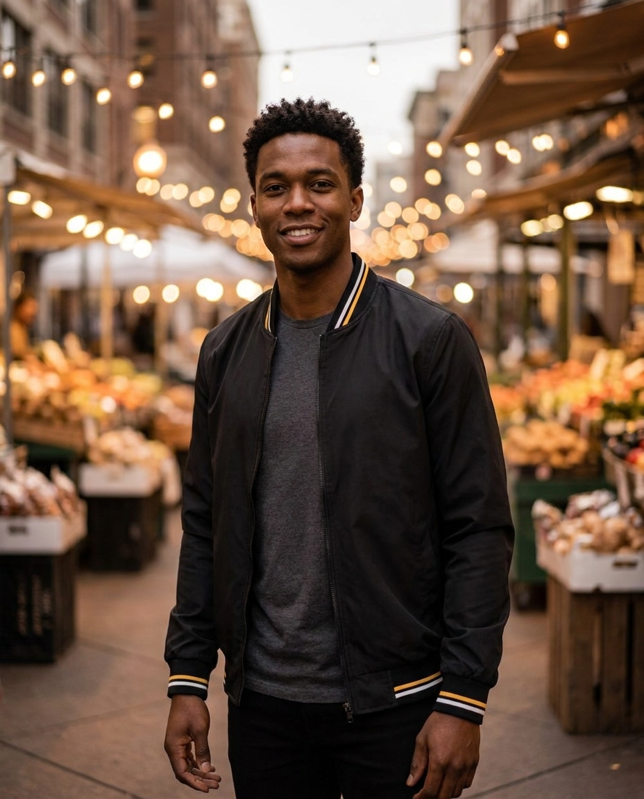 Man wearing the Jack ribbed trim zip-up bomber jacket