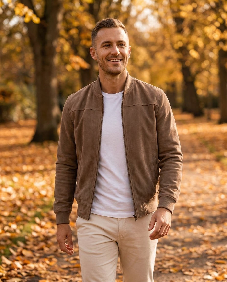 Man wearing the Henry slim fit suede bomber jacket