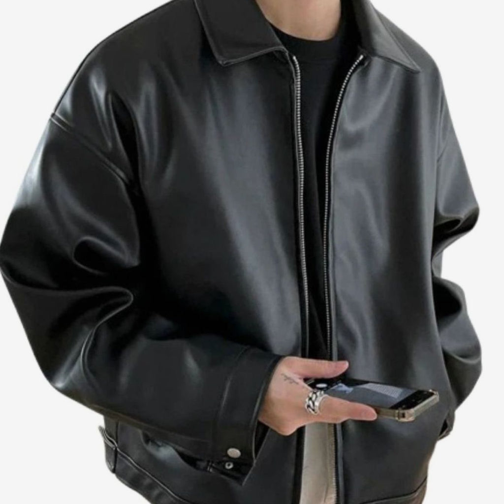 Men's Oversized Faux Leather Zip-Up Bomber Jacket — Boxy Fit