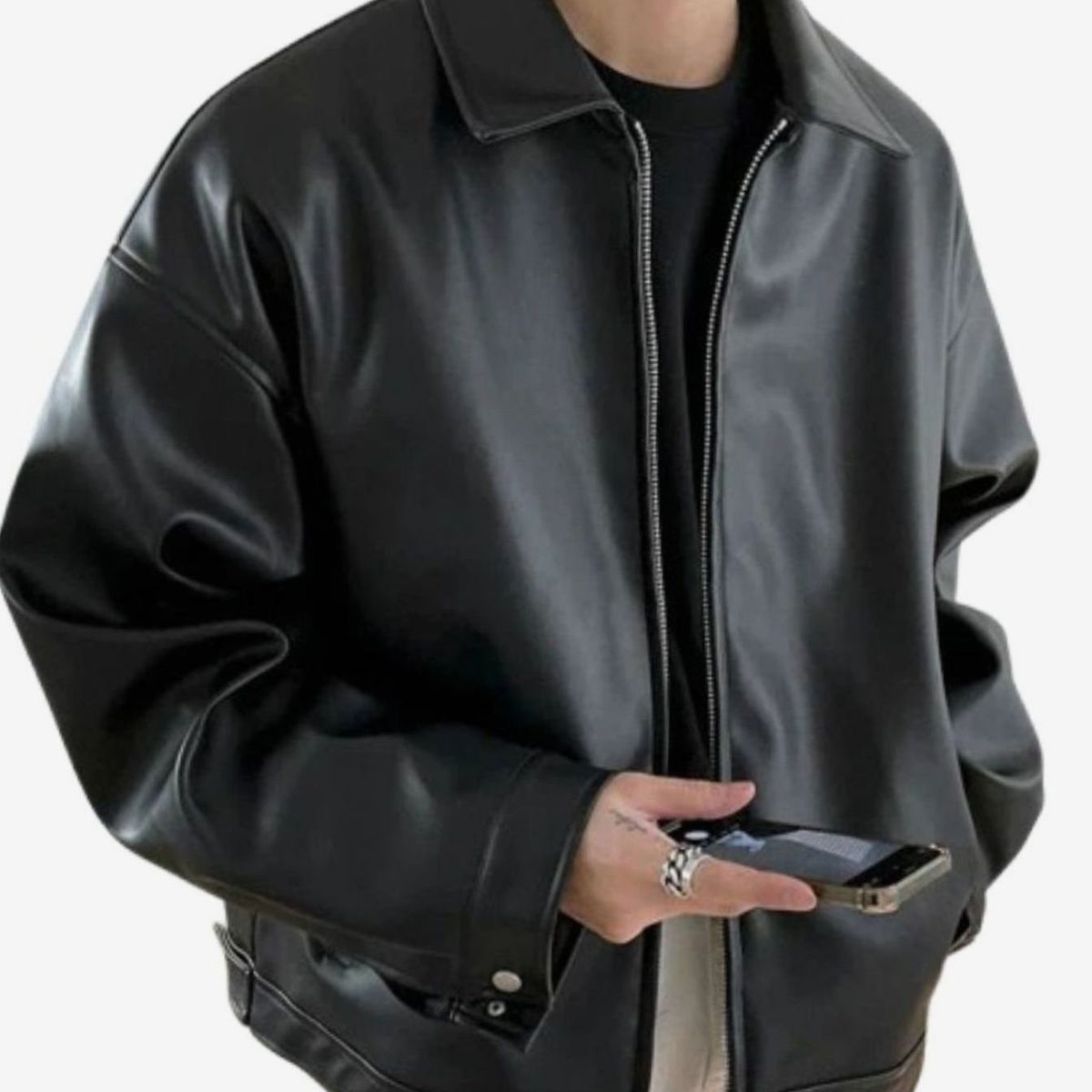 Men's Oversized Faux Leather Zip-Up Bomber Jacket — Boxy Fit