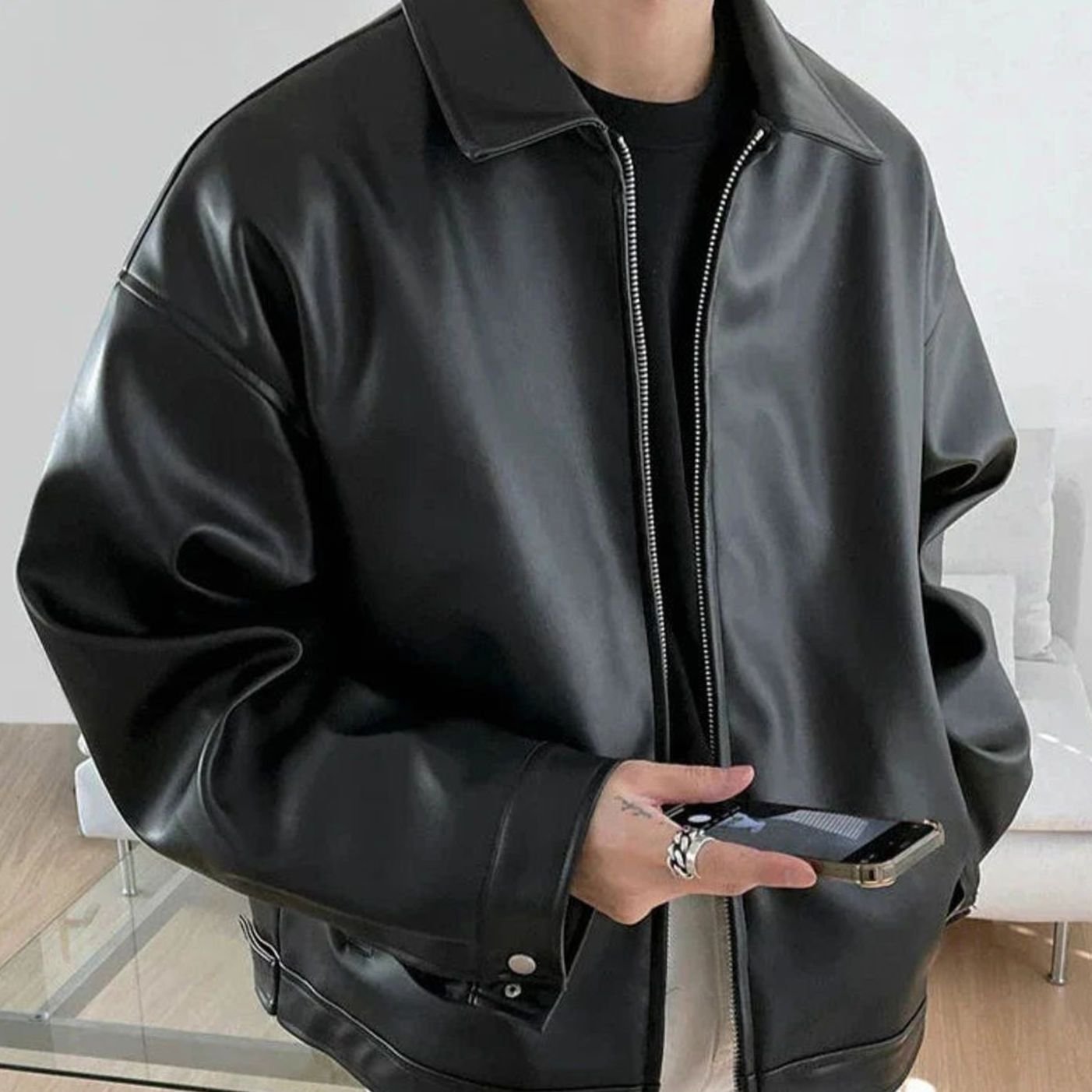 Men's Oversized Faux Leather Zip-Up Bomber Jacket — Boxy Fit