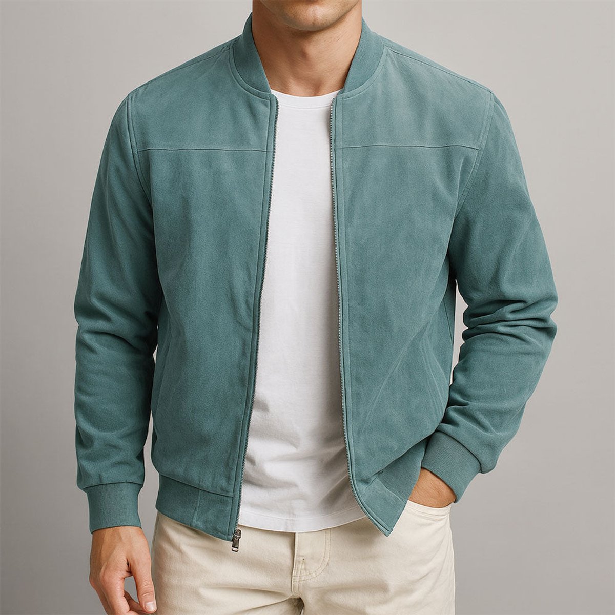 Men's Slim Fit Suede Bomber Jacket — Full Zip