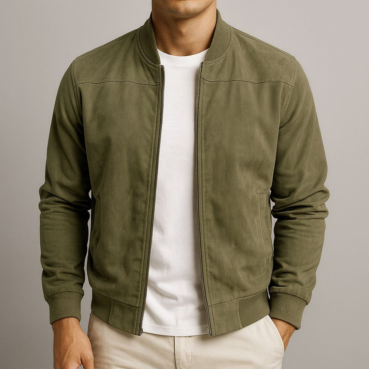 Men's Slim Fit Suede Bomber Jacket — Full Zip