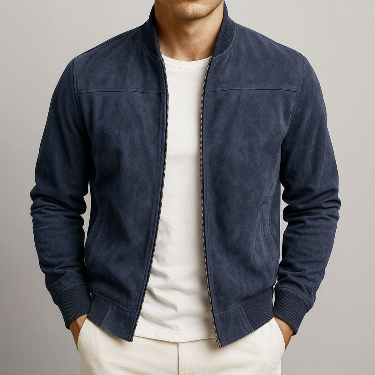 Men's Slim Fit Suede Bomber Jacket — Full Zip